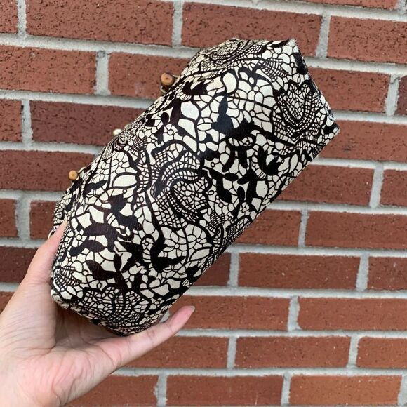 Chic Handmade Real hair-on-horsehide Black Lace Printed, Bamboo Handle Bag - Picture 12 of 16